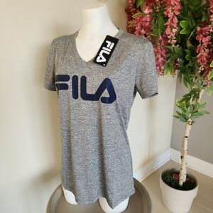 NWT Fila Women's Gray V-Neck T-Shirt with Large Logo Size M